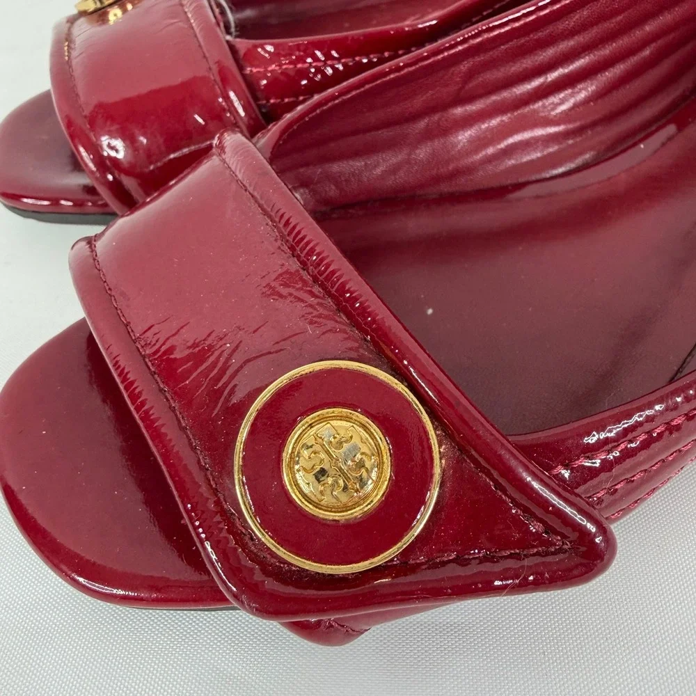 Tory Burch Red Patent Leather Quilted Open Toe Logo Medallion Flats Shoes